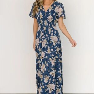 Baltic Born Blue and White Flutter Sleeve Maxi Dress